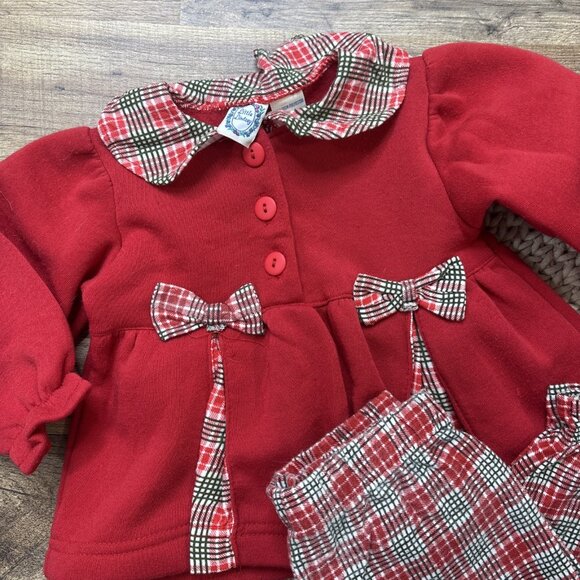 Vintage Little Lindsey Red Plaid Baby Outfit Bow Accents 12 Months Top & Pants - Picture 2 of 7
